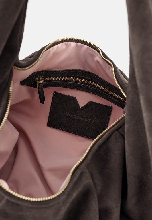 Greta Große Veloursleder-Schultertasche Dunkelbraun
