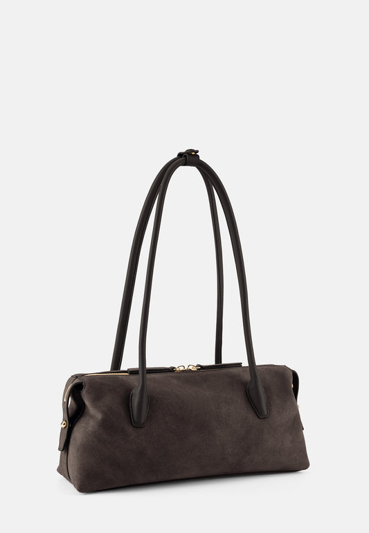 East-West Veloursleder-Schultertasche Dunkelbraun