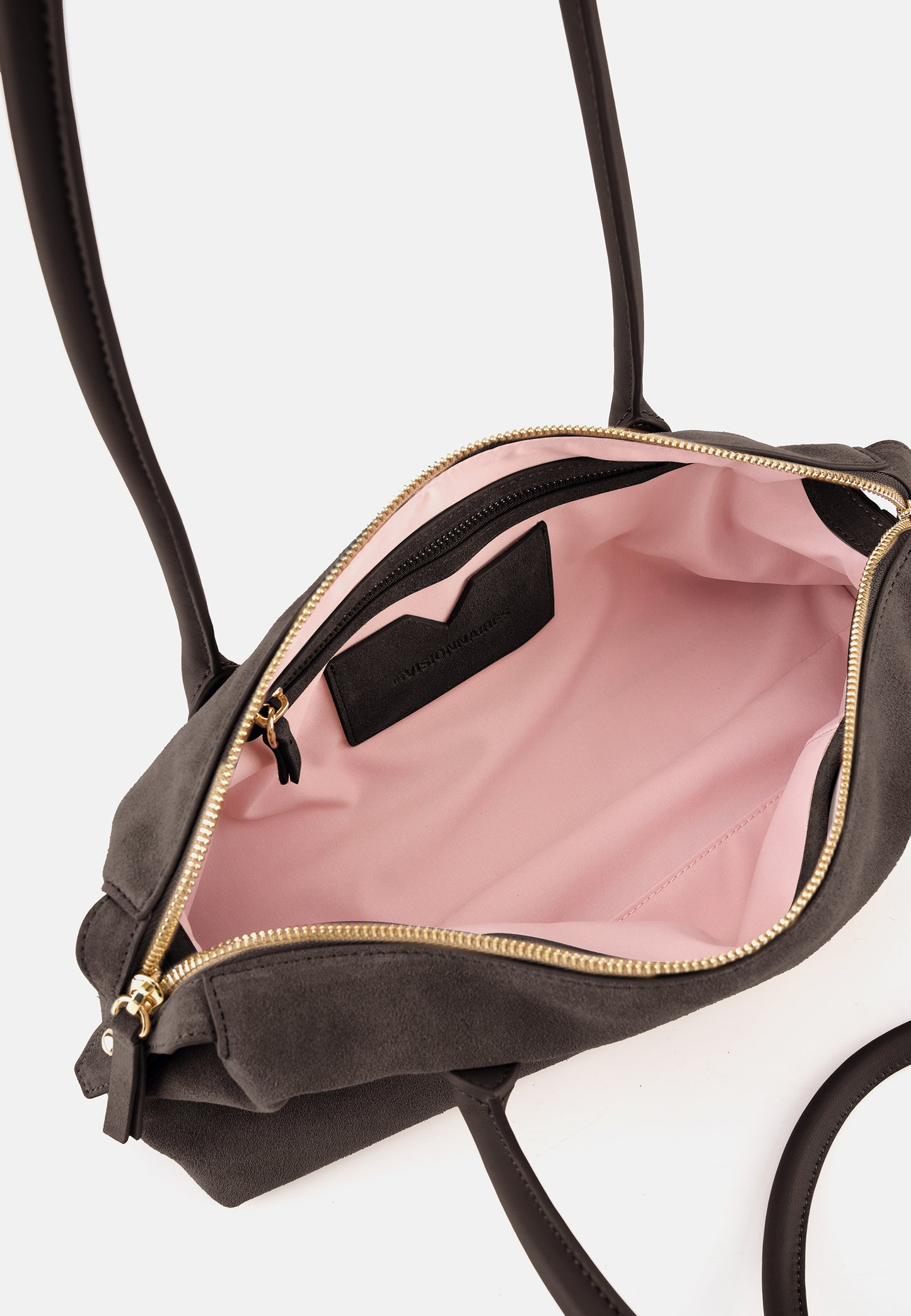 East-West Veloursleder-Schultertasche Dunkelbraun