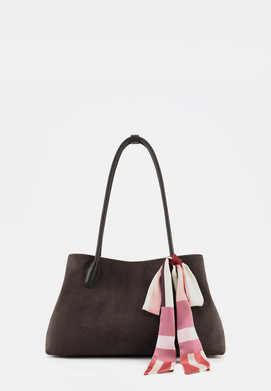 Sophie Große Veloursleder-Henkeltasche mit Ziertuch Dunkelbraun