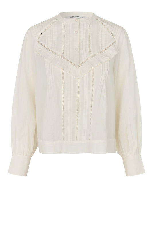 Baumwollbluse mit Rüschen und Spitzendetails Warmweiß