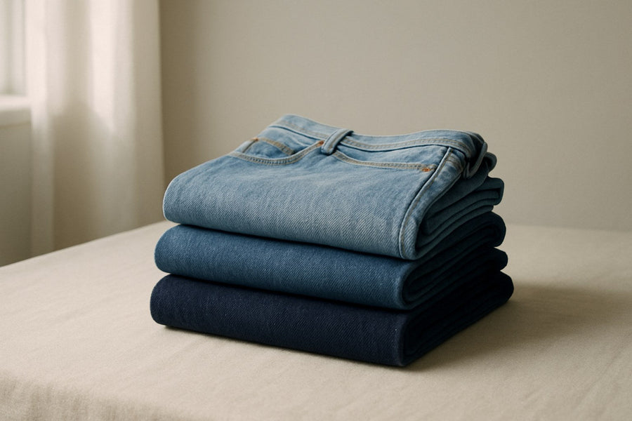 Gestapelte Denim-Teile in drei Blautönen