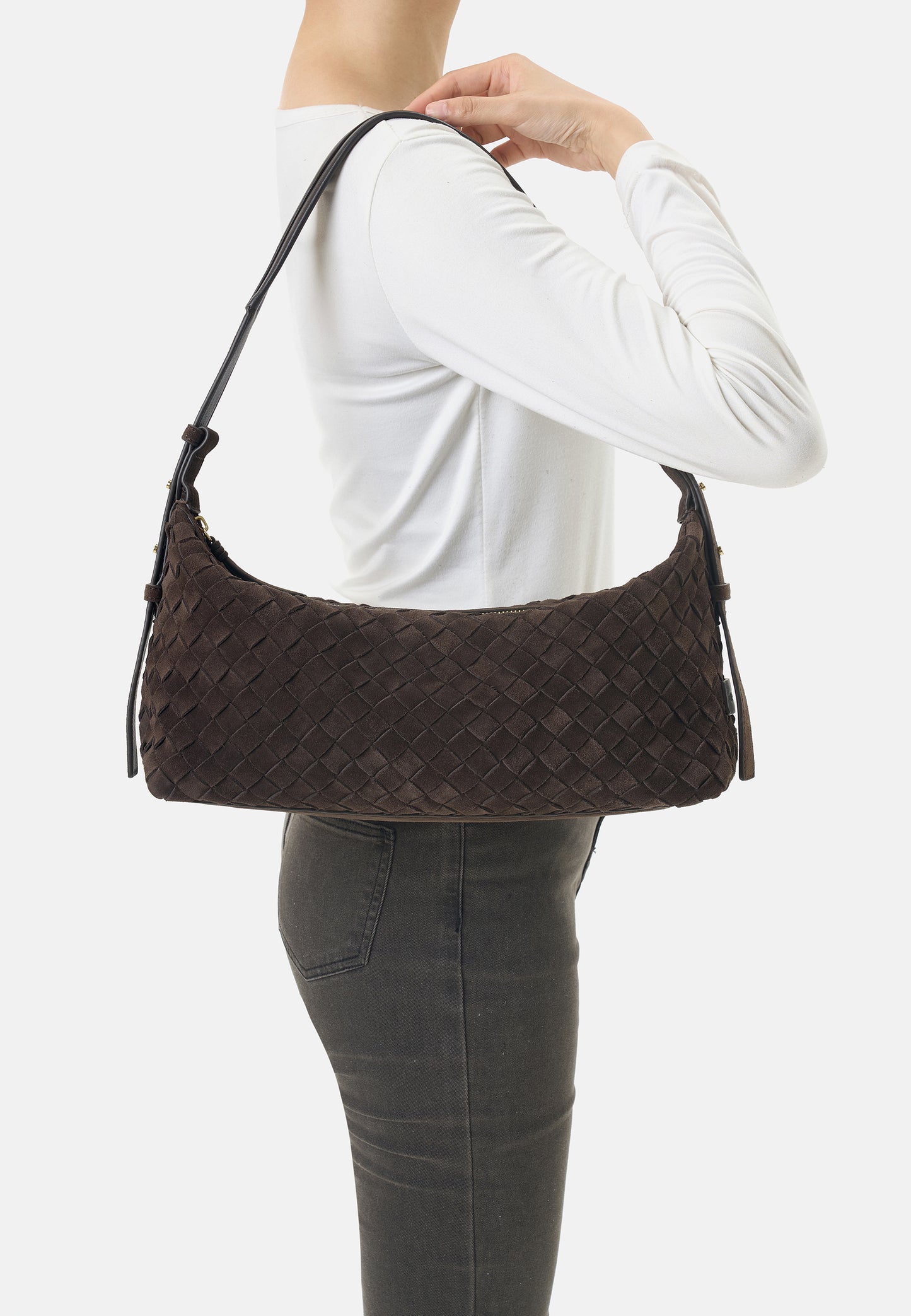 Marie Veloursleder-Schultertasche Dunkelbraun