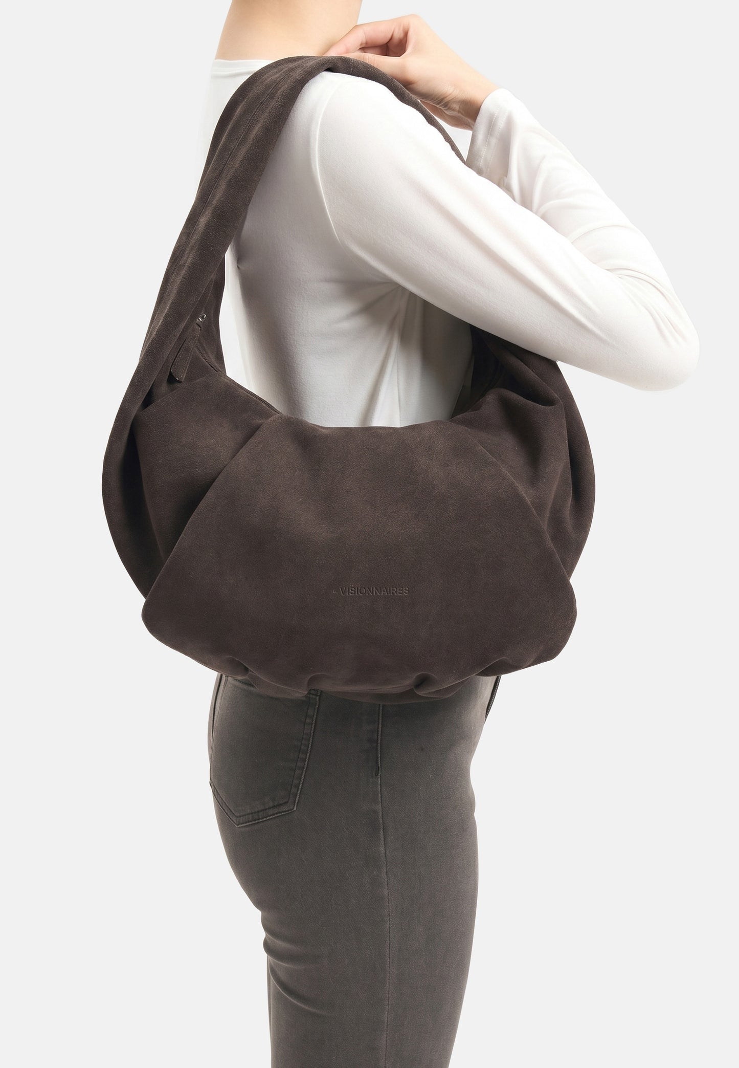 Greta Große Veloursleder-Schultertasche Dunkelbraun