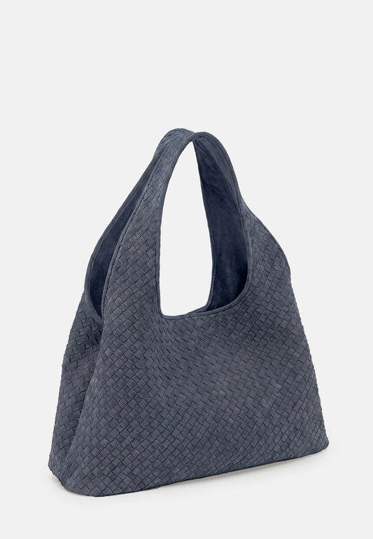 Paz Veloursleder-Schultertasche Blaugrau