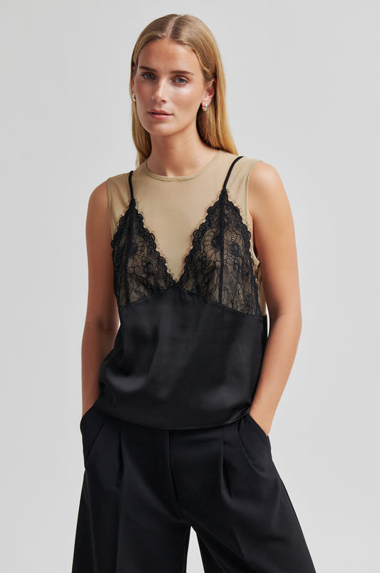 Spitzentop mit Mesh Schwarz