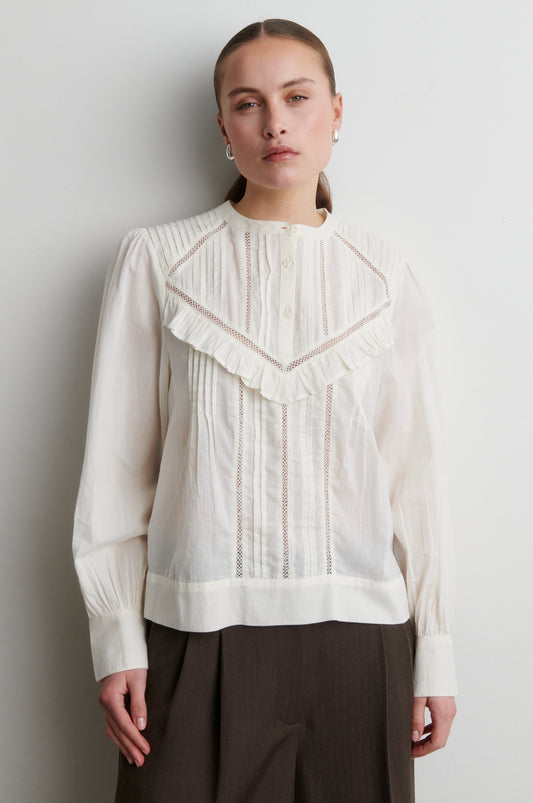 Baumwollbluse mit Rüschen und Spitzendetails Warmweiß