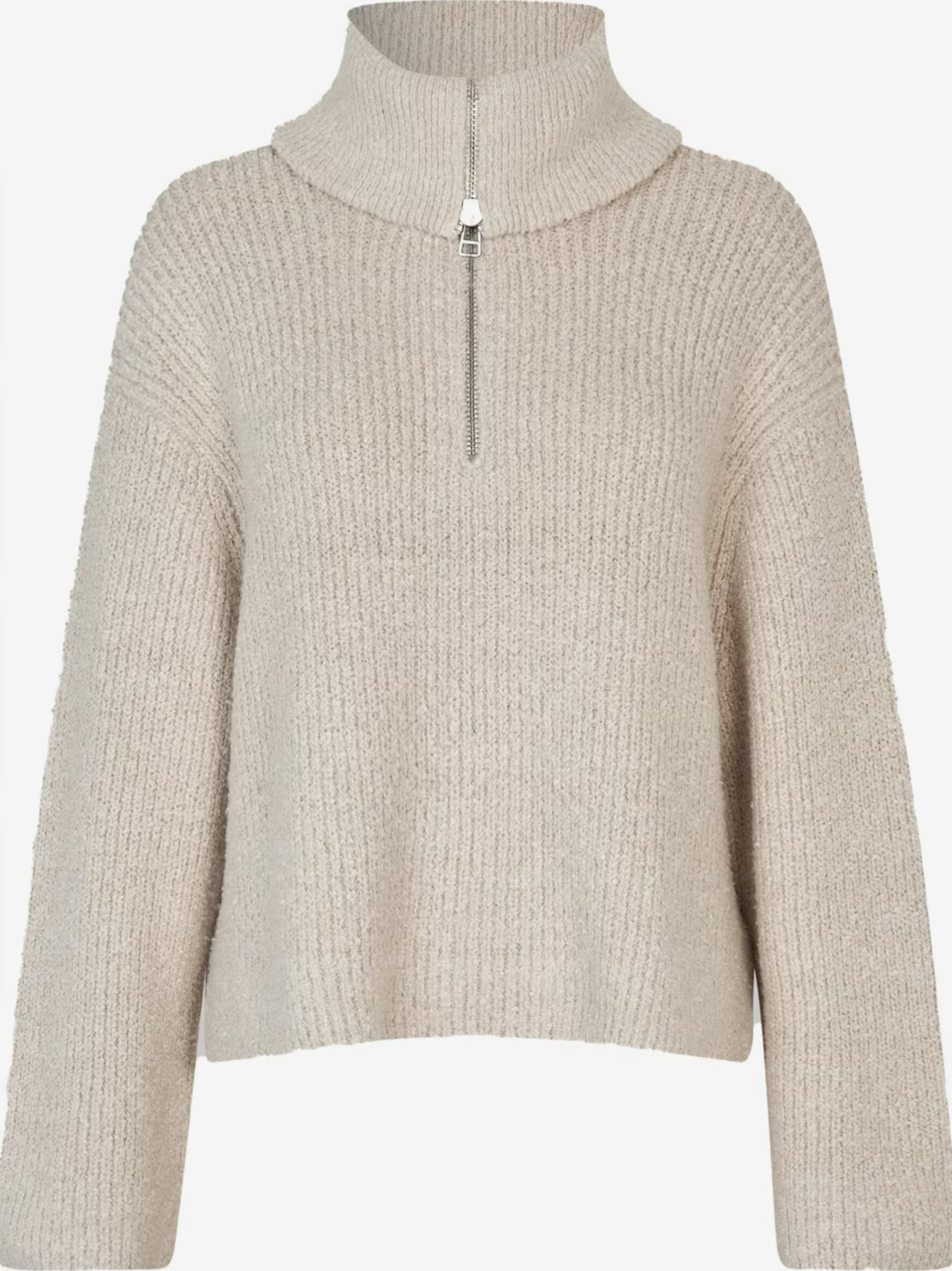 Sandfarbener Strickpullover mit Zip