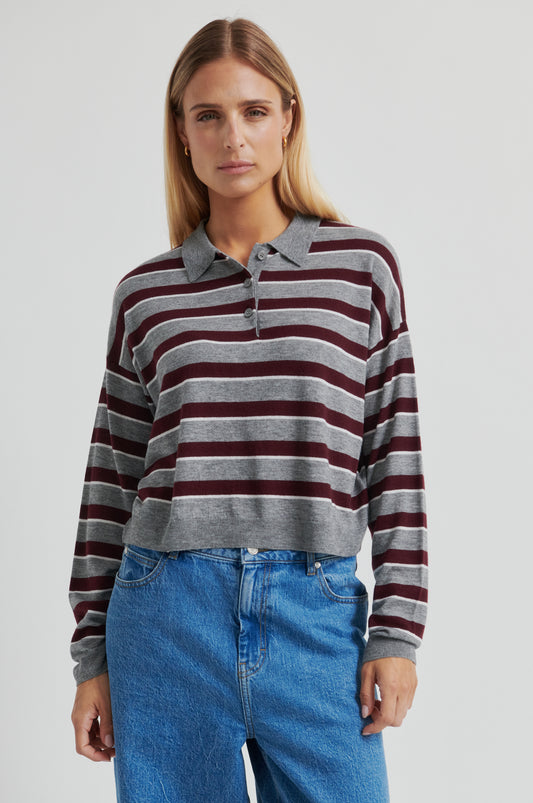 Gestreifter Feinstrick Polostrick Grau Bordeaux