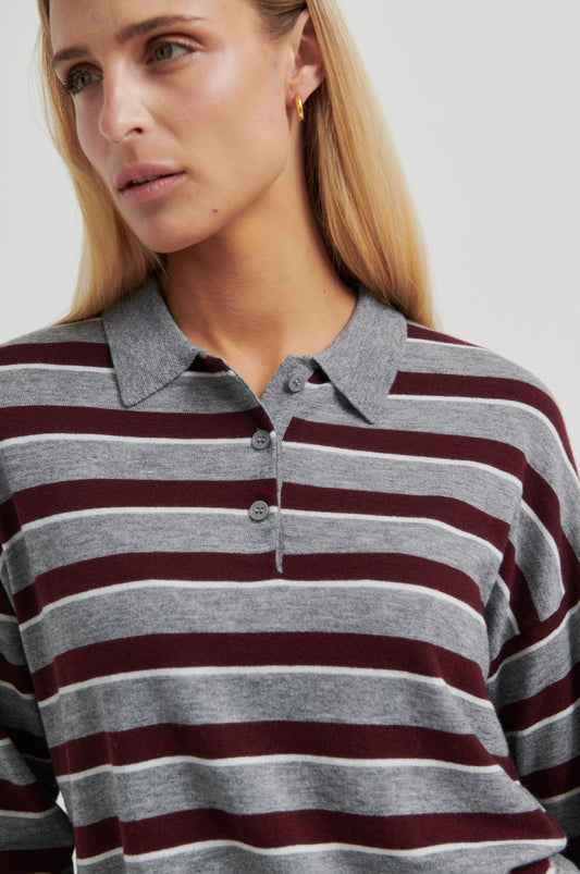 Gestreifter Feinstrick Polostrick Grau Bordeaux