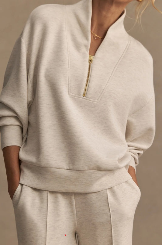 Sweatshirt mit halbem Reißverschluss in Elfenbein meliert