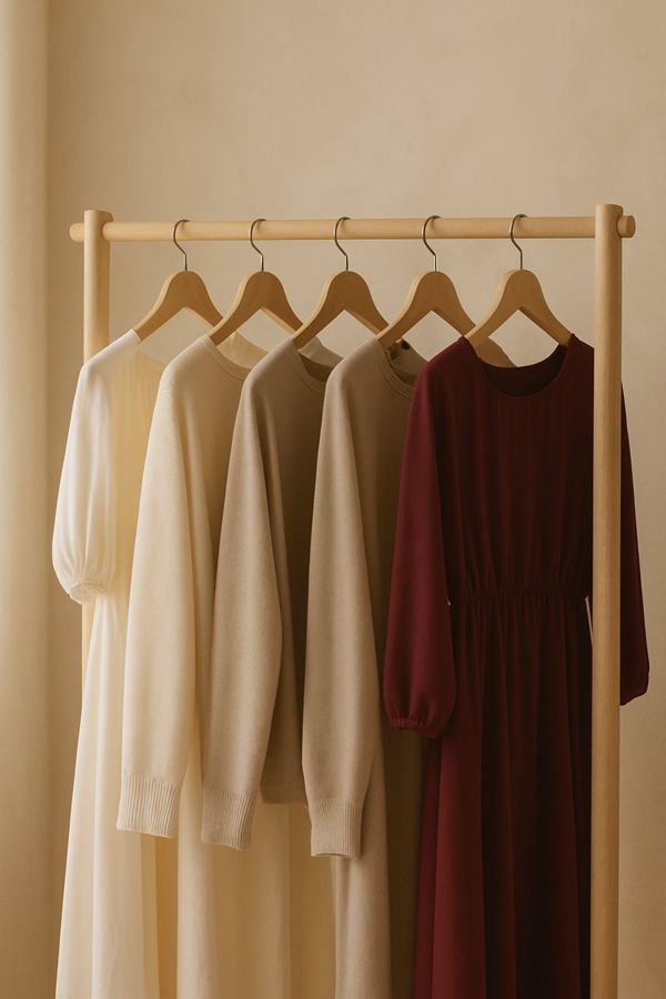 Kleiderstange mit Teilen in Creme und Bordeaux